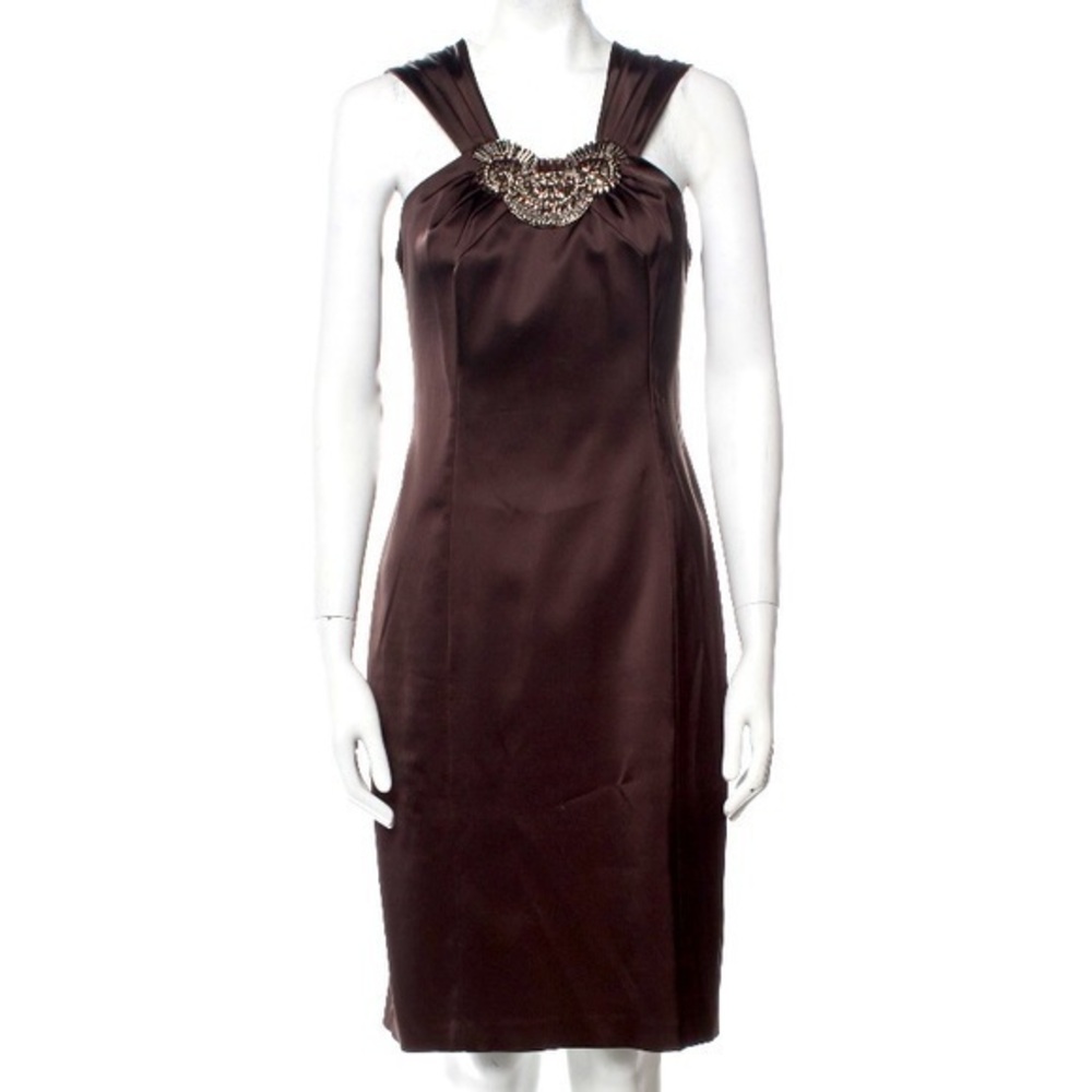 David Meister Brown Beaded Heavy Satin Cocktail Dress Size 10